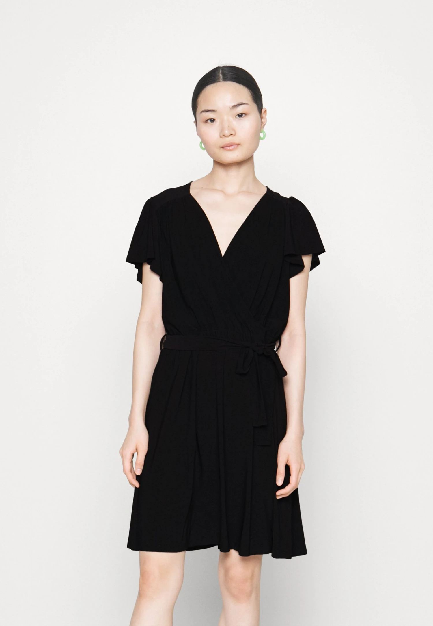 Frilled Cap Sleeves Flared Dress - Jerseyjurk - Black 1 Frilled Cap Sleeves Flared Dress - Jerseyjurk - Black