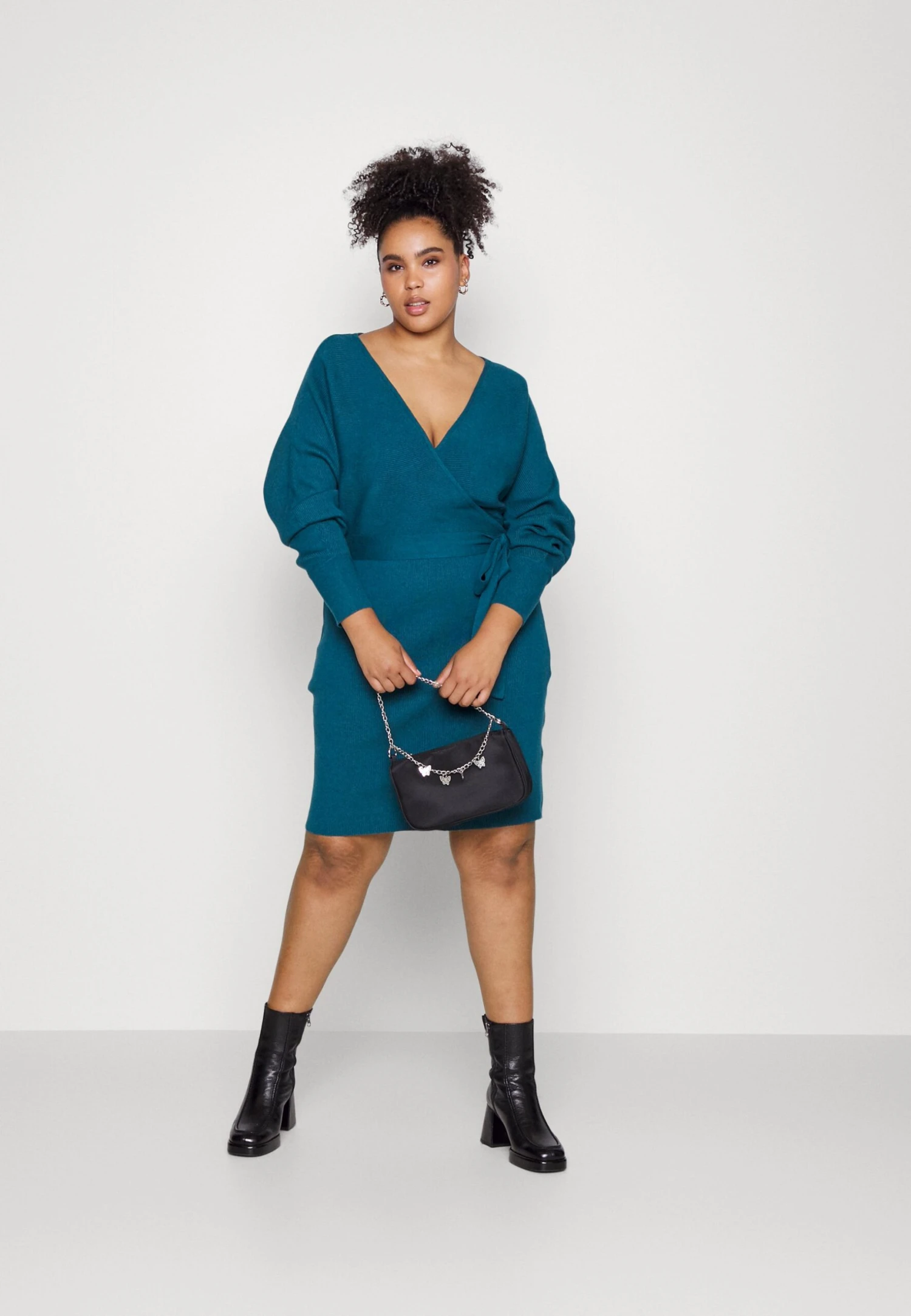 Wrap V Ausschnitt Mini Strickkleid Mit Gürtel - Gebreide Jurk - Teal 2 Wrap V Ausschnitt Mini Strickkleid Mit Gürtel - Gebreide Jurk - Teal - Afbeelding 2