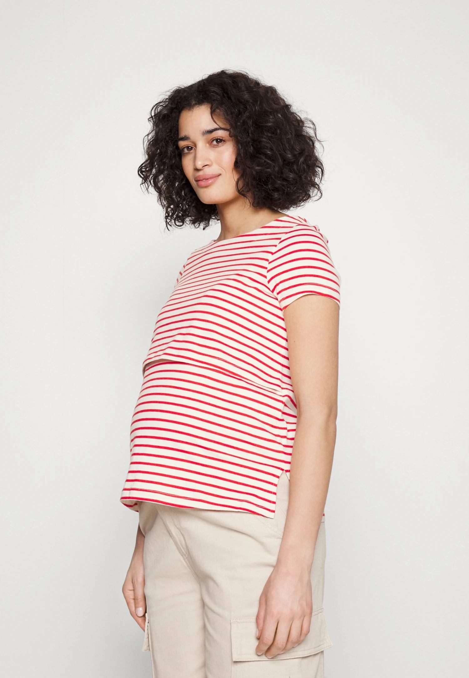 Maternity Long Tee- T-Shirt Basic - Red/Off-White 1 Maternity Long Tee- T-Shirt Basic - Red/Off-White