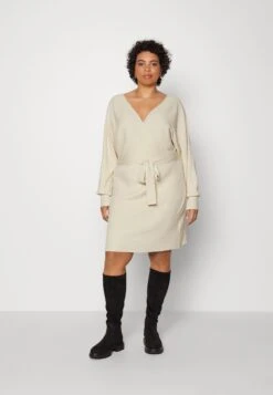 Wrap V Ausschnitt Mini Strickkleid Mit Gürtel - Gebreide Jurk - Off White