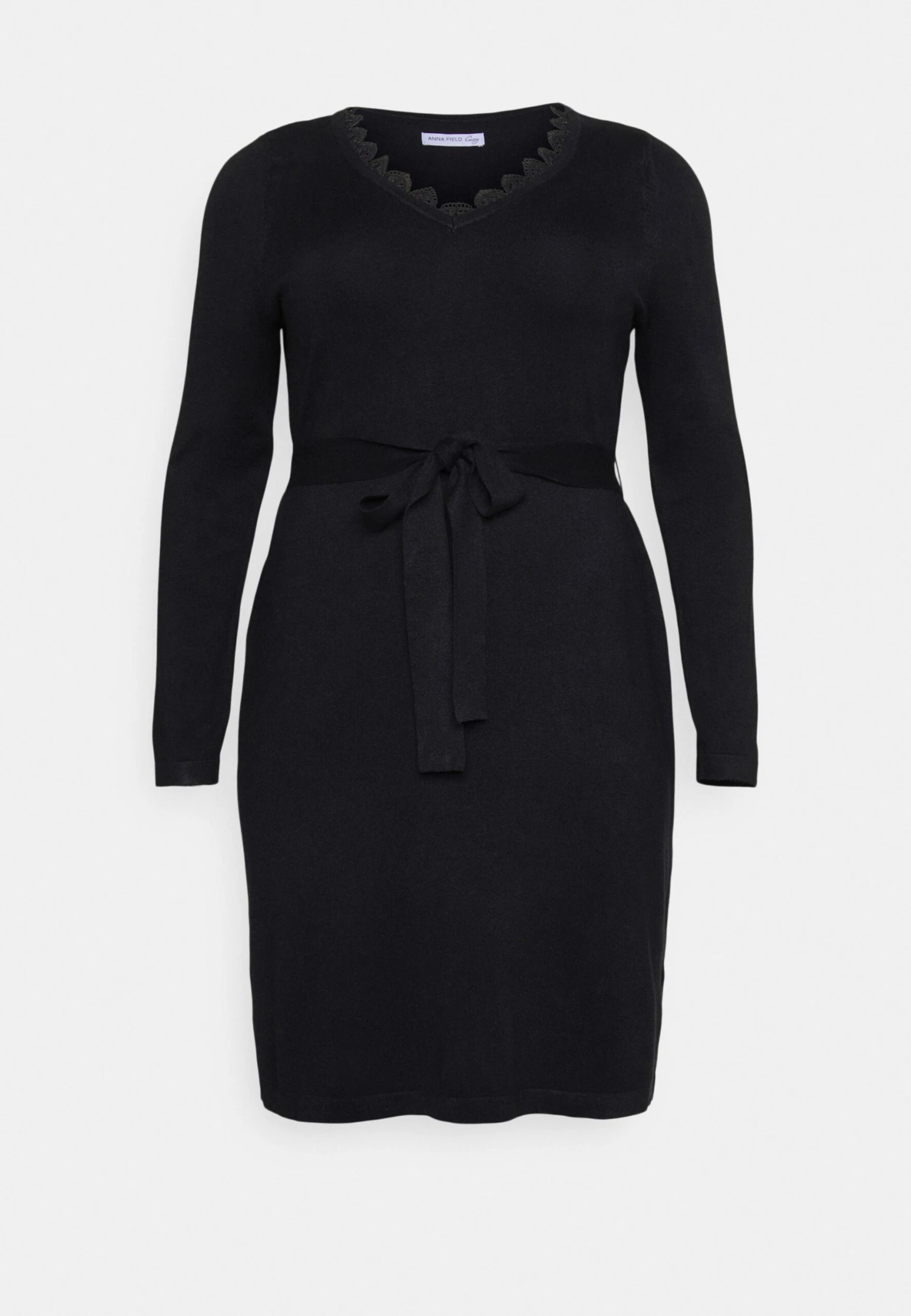 V Ausschnitt Mini Strickkleid Mit Gürtel Und Spitzeneinsatz - Gebreide Jurk - Black 5 V Ausschnitt Mini Strickkleid Mit Gürtel Und Spitzeneinsatz - Gebreide Jurk - Black - Afbeelding 5